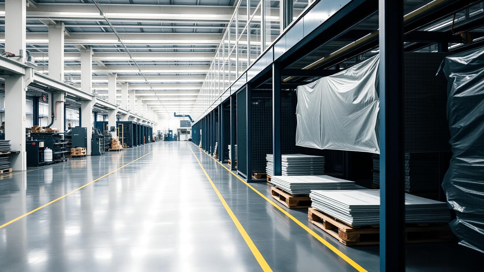 Wide aisle of a modern manufacturing plant with material staged alongside the production line.