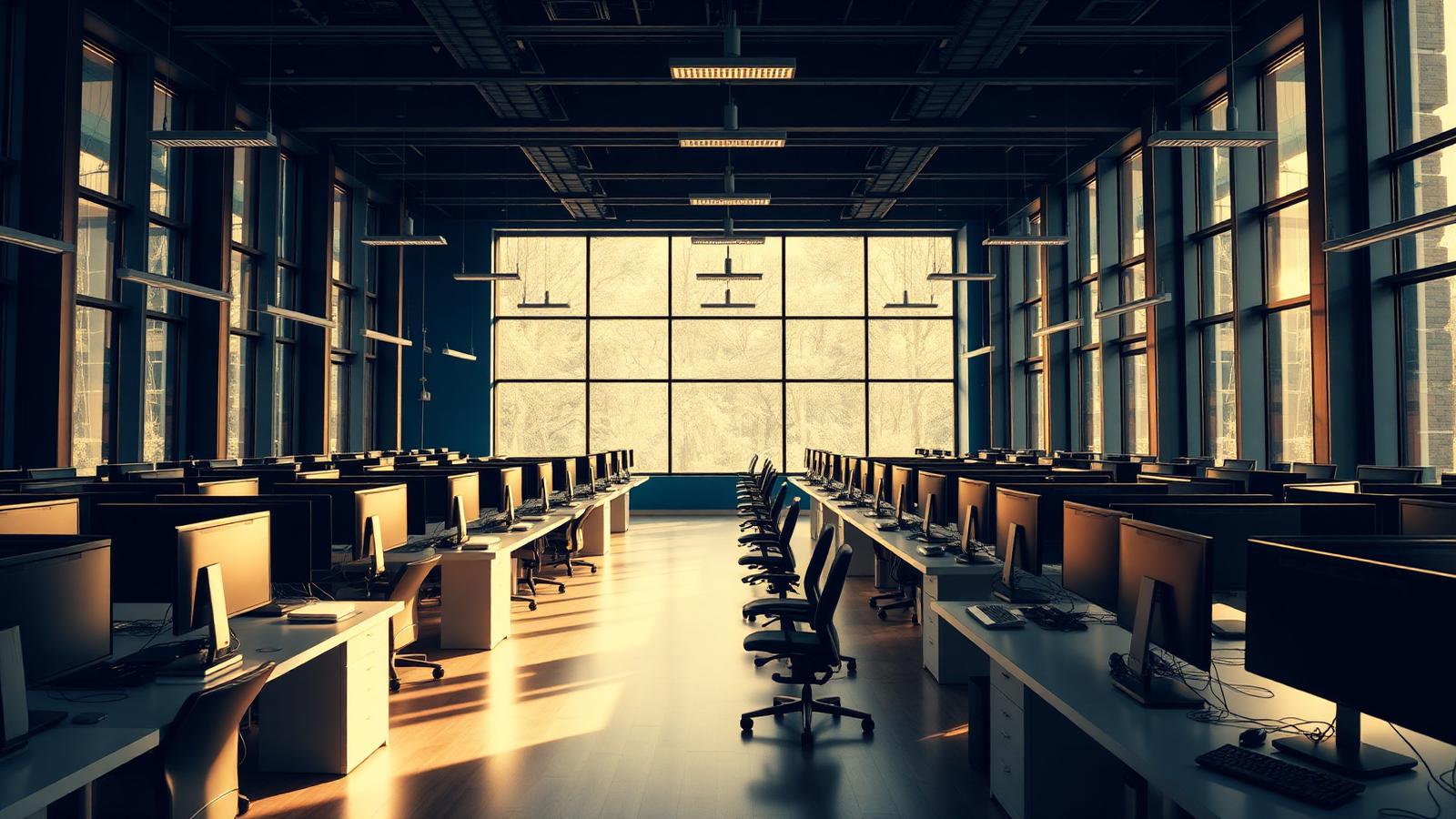 Large modern patient support contact center with rows of prepared workstations before opening.