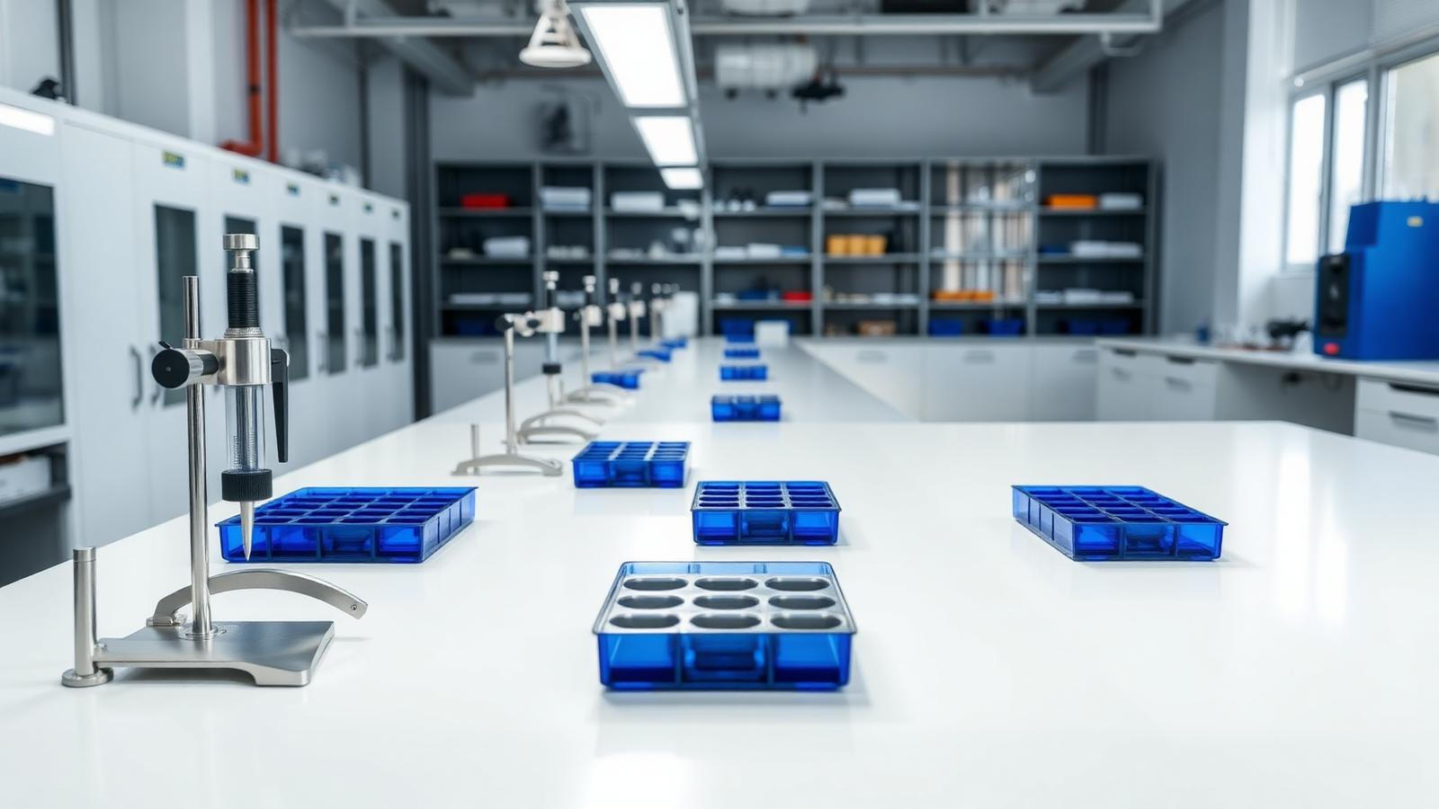 Specialty materials quality laboratory with inspection instruments and sample trays on a clean bench.