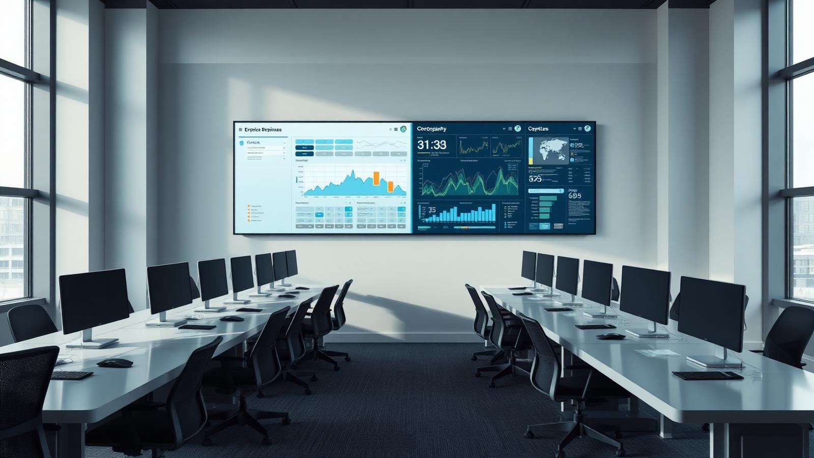 Bright enterprise operations workspace with workstations and a wall-mounted performance dashboard.